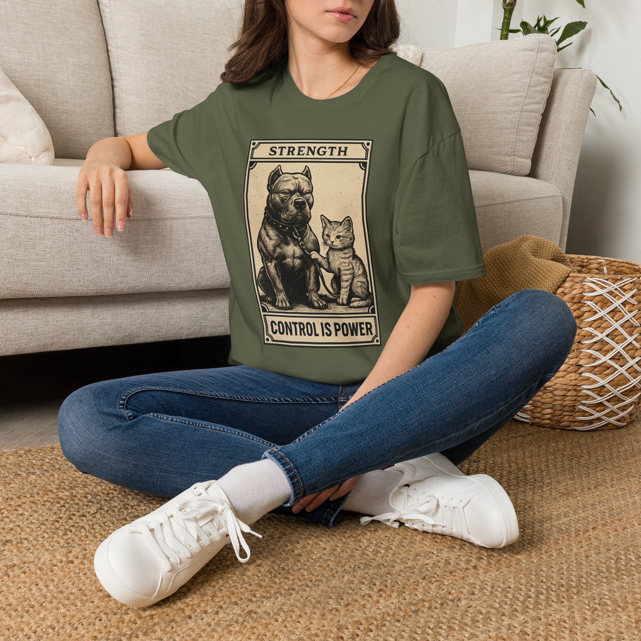 Strength 'Control Is Power' Tarot Unisex T-Shirt — Vintage Dog & Cat Graphic Tee