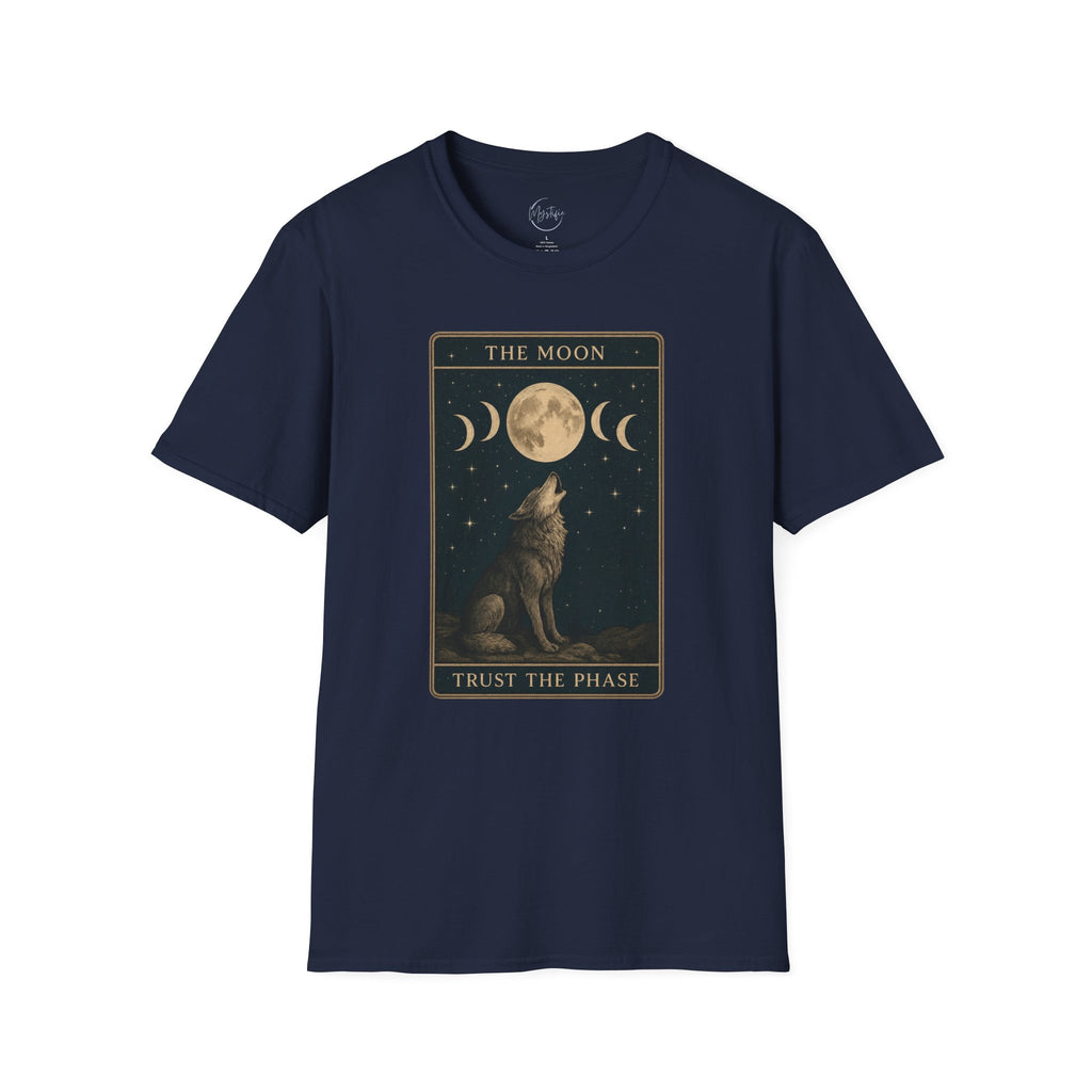 The Moon Tarot Unisex T-Shirt — 'Trust the Phases' Wolf Moon Tee