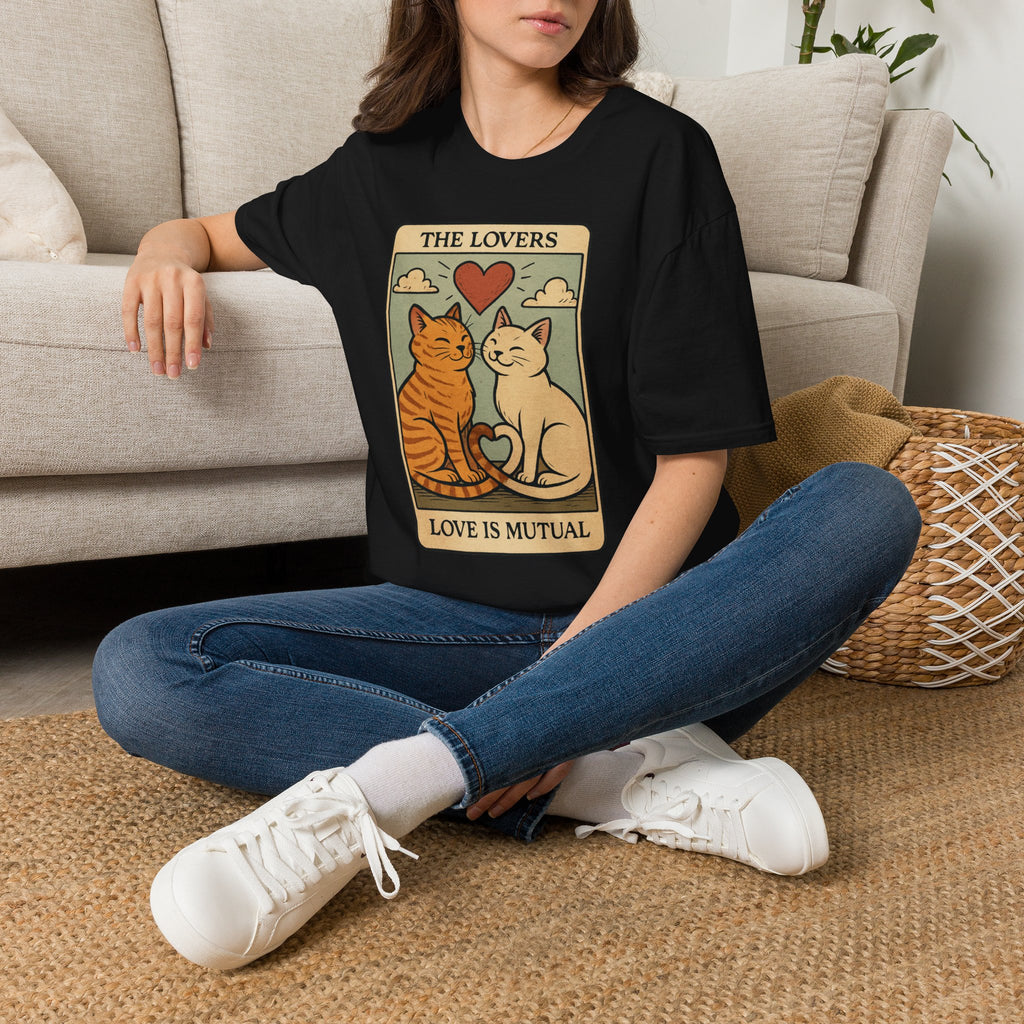 The Lovers Cat Unisex T-Shirt — 'Love Is Mutual' Vintage Tarot Style Tee