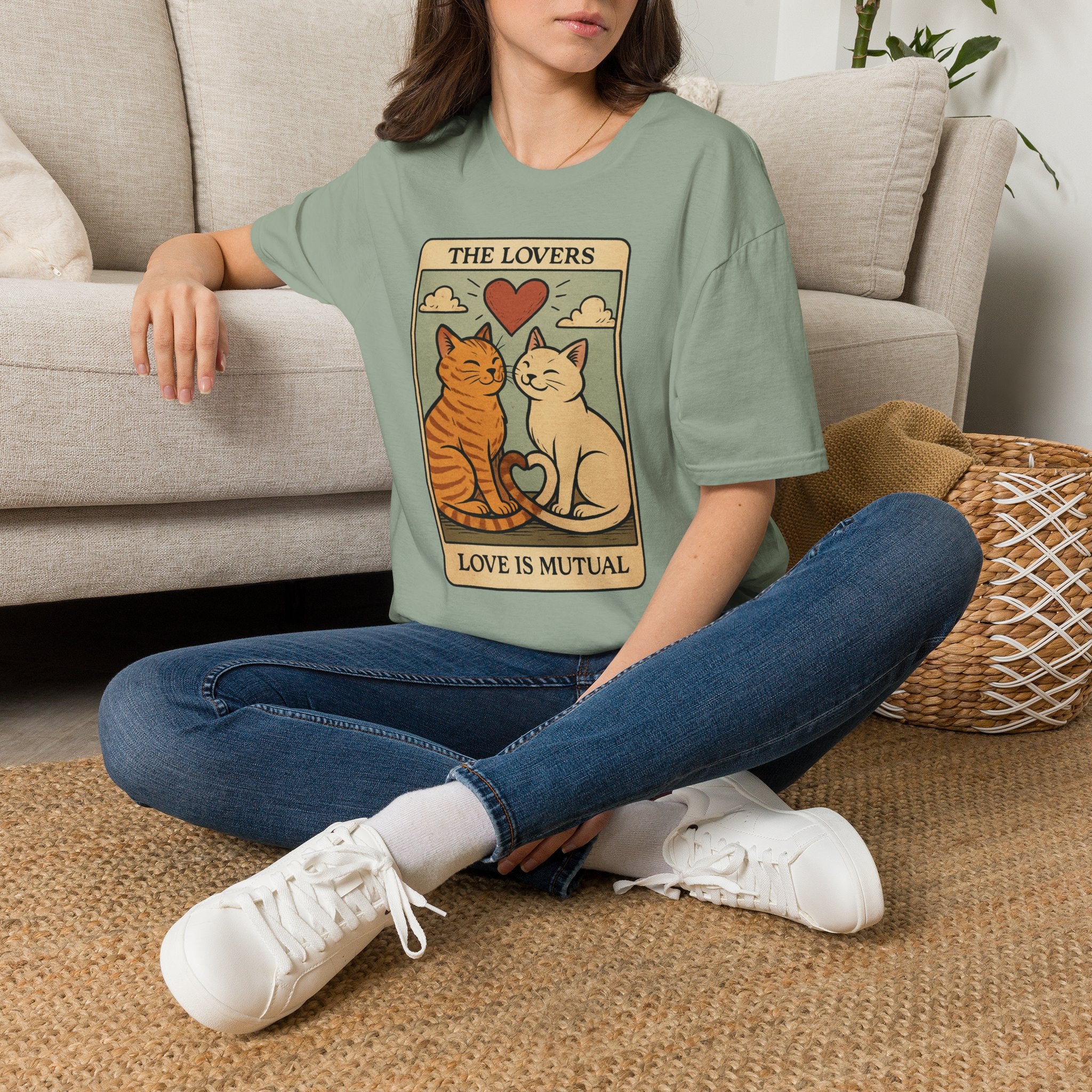 The Lovers Cat Unisex T-Shirt — 'Love Is Mutual' Vintage Tarot Style Tee